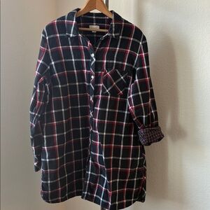 J. Jill M Long Plaid Shirt Tunic Black Red White Soft Cabincore Coastal Western